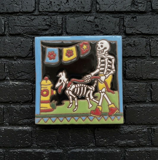 4x4 Inch Dog Walker Hand- Painted Skeleton Tile