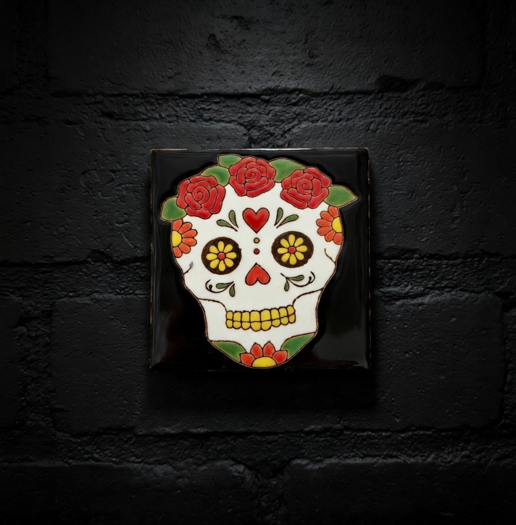 4x4 Inch Hand-Painted Flower Skeleton Tile