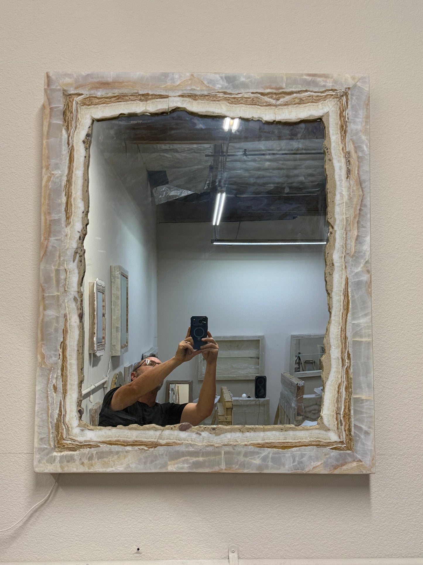 Set Of 2 White Vanity Backlit Onyx Mirrors with Brown Banding.
