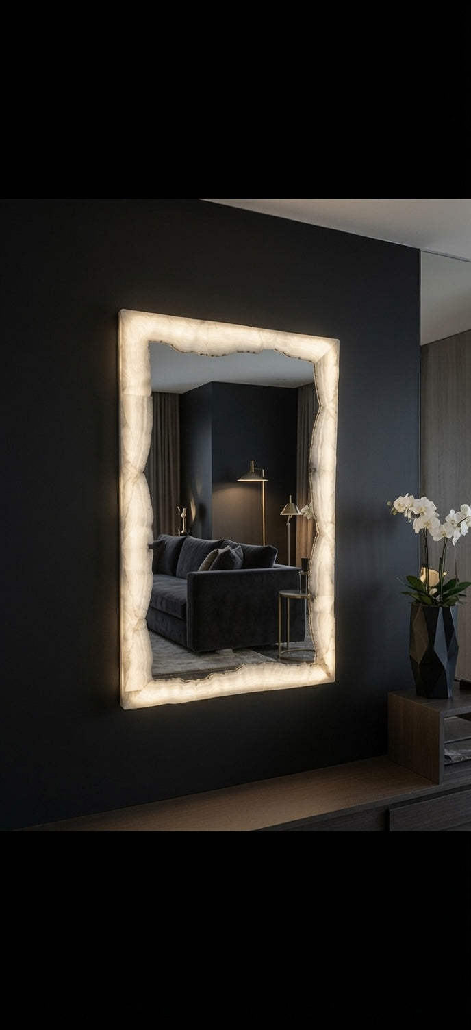 Large White Onyx Stone Mirror with Raw Inside Edge 59"x 33"