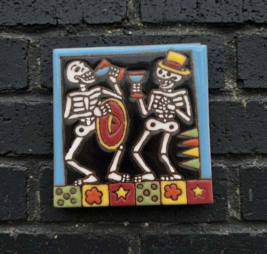 4x4 Inch Drinking Hand- Painted Skeleton Tile