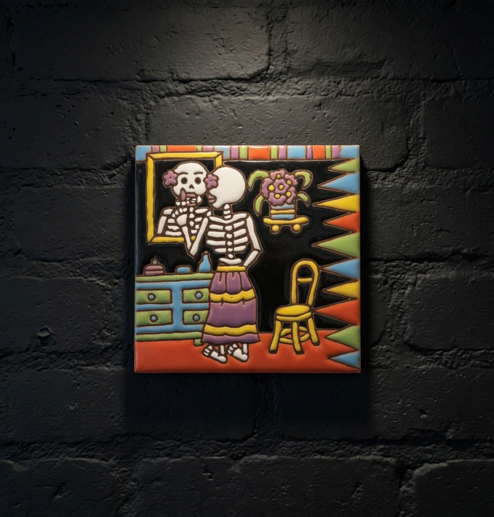 4x4 Inch Hand-Painted Girl in the Mirror Skeleton Tile