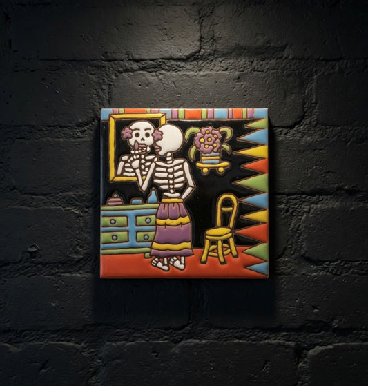 4x4 Inch Hand-Painted Girl in the Mirror Skeleton Tile