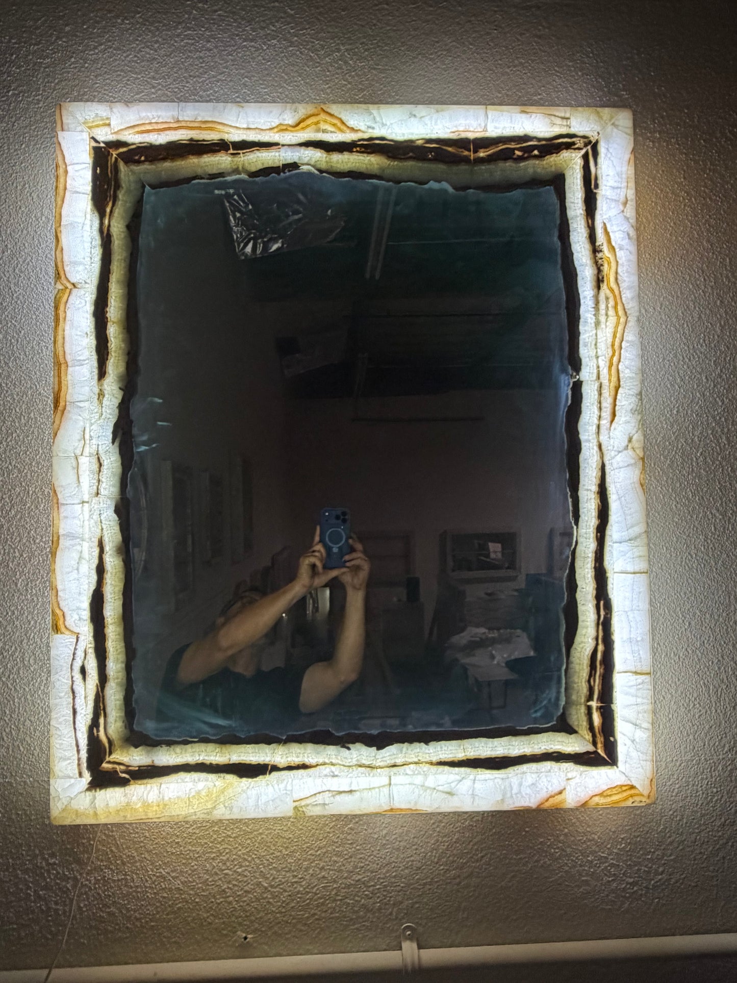 Set Of 2 White Vanity Backlit Onyx Mirrors with Brown Banding.