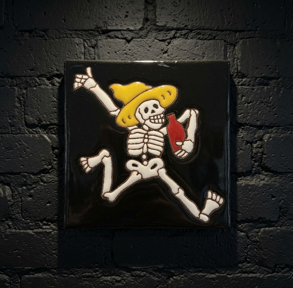 4x4 Inch Jumping Hand- Painted Skeleton Tile