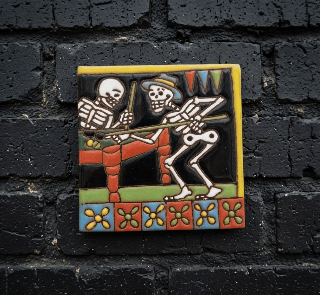 4x4 Inch Pool Game Hand- Painted Skeleton Tile