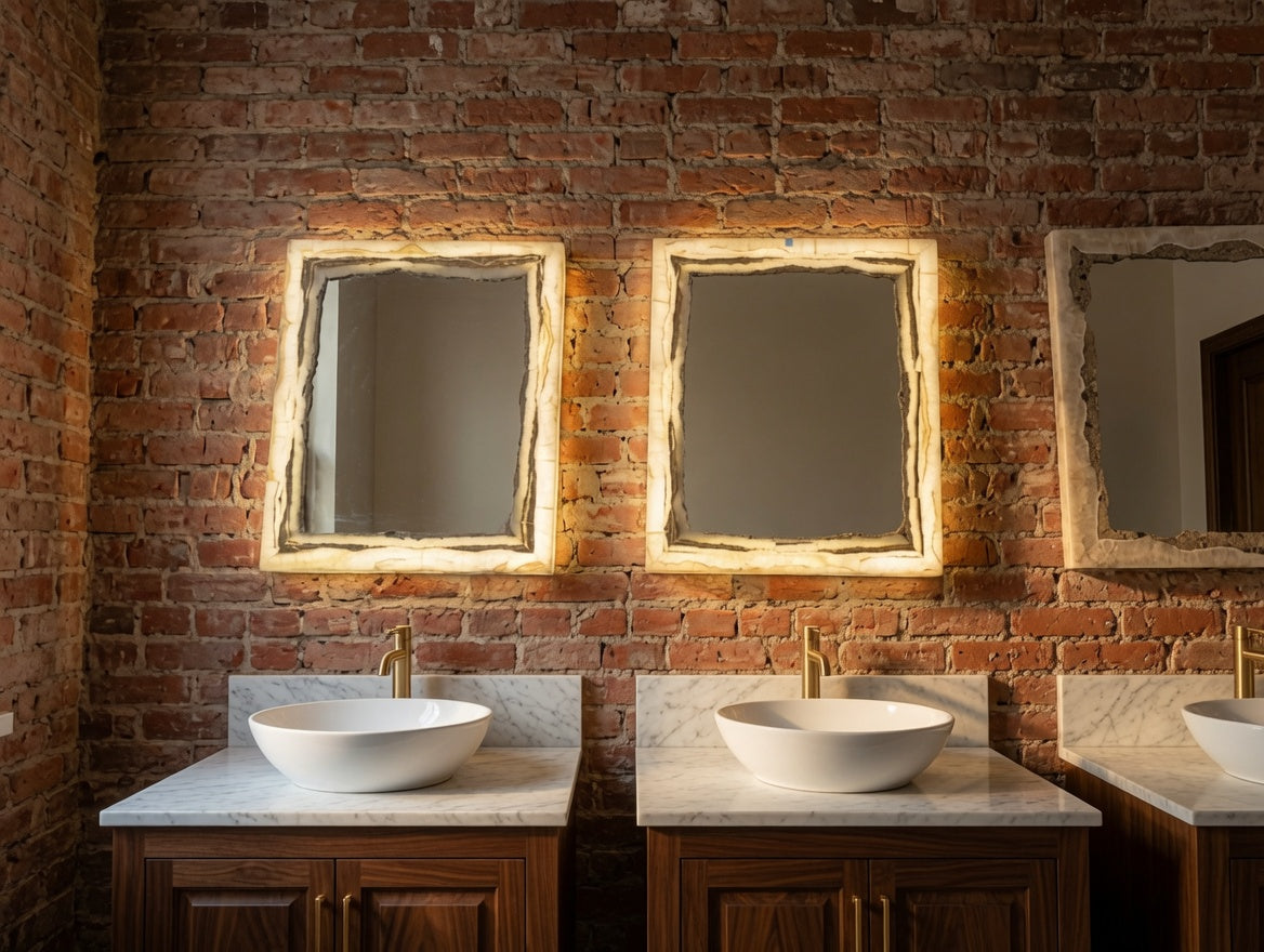 Set Of 2 White Vanity Backlit Onyx Mirrors with Brown Banding.