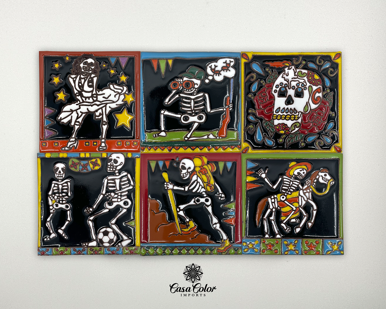 Decorative Talavera tile with different skeleton designs. The designs are Marylin Monroe, hunter, skeleton, soccer players, hiker, horse rider.   