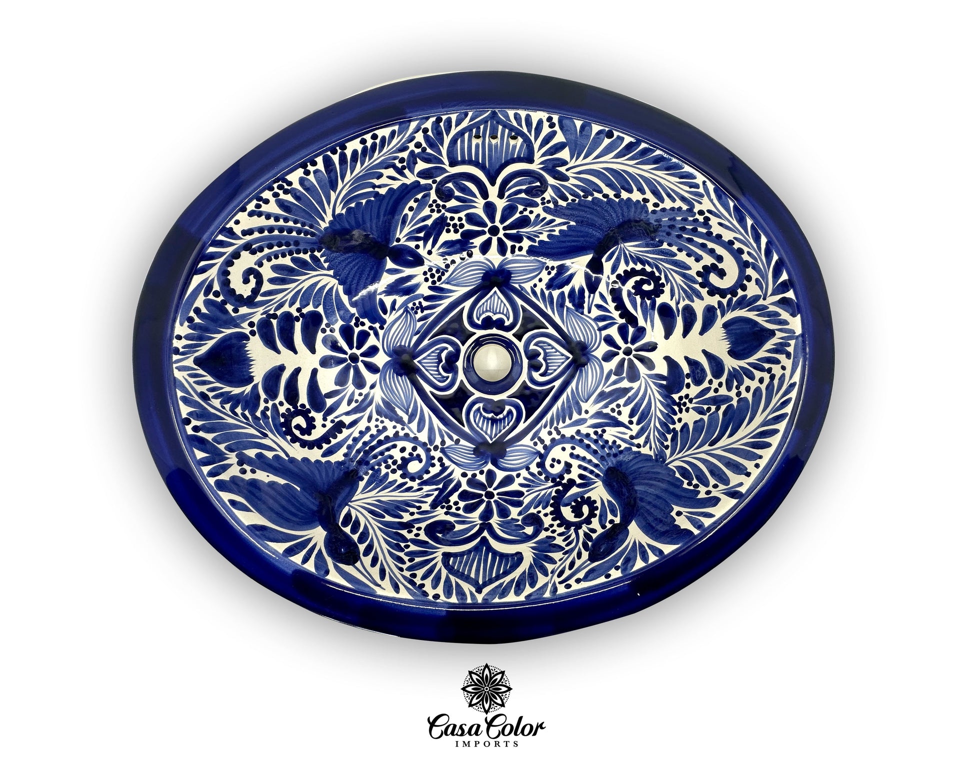 Blue and White Talavera sink. Colonial style. The sizes are 21"L x 17"W and 7.25" D.  1.5" drain hole comparable. 