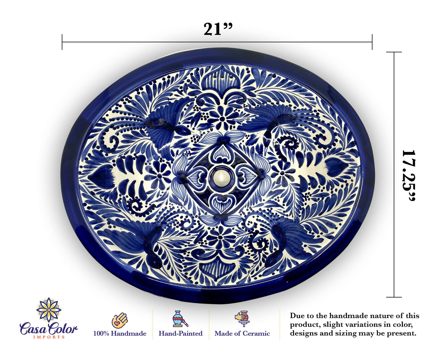 Large Oval shape Blue/White Talavera Mexican Drop-in Bathroom Sink Handmade 21" x 17"