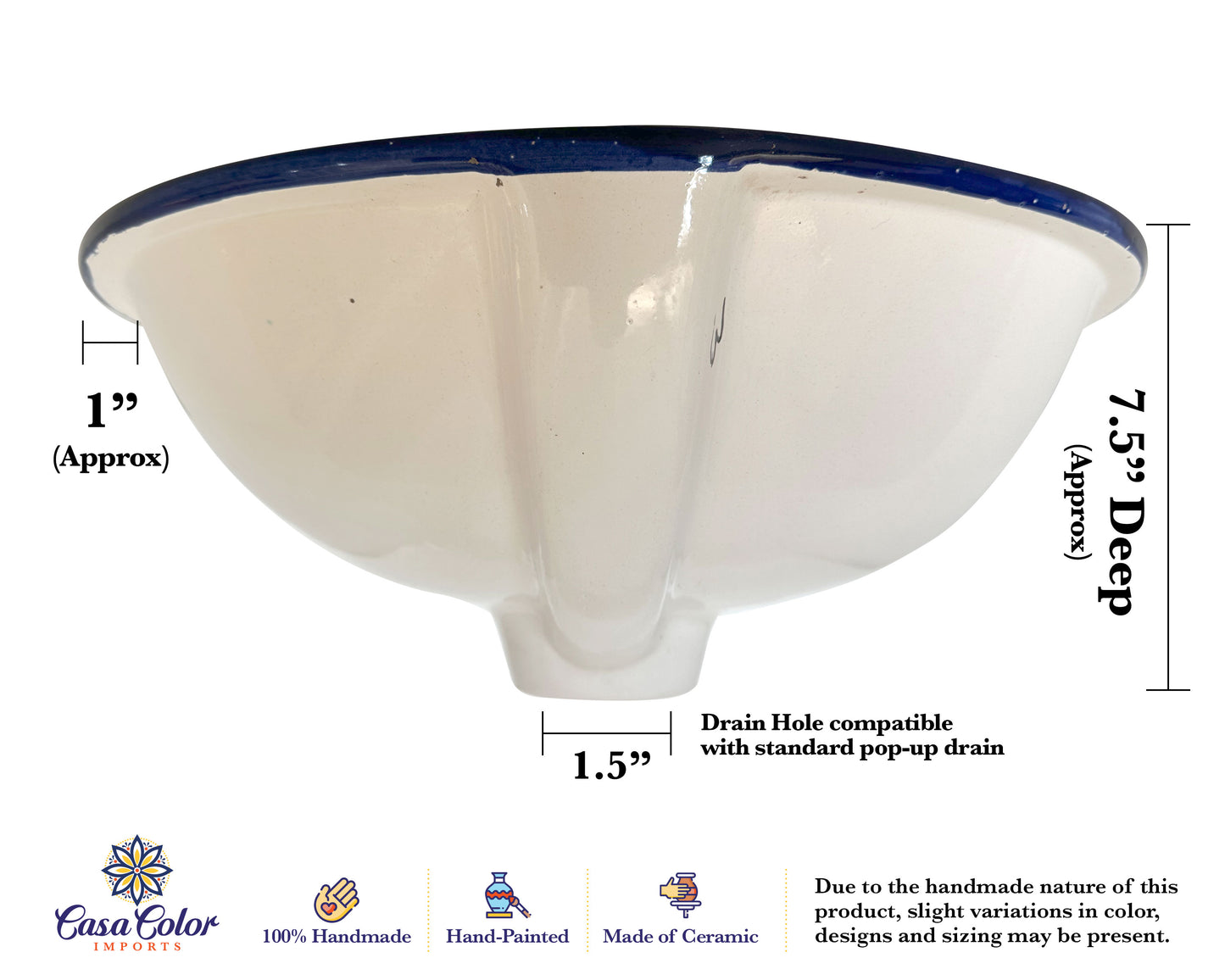 Large Oval shape Blue/White Talavera Mexican Drop-in Bathroom Sink Handmade 21" x 17"