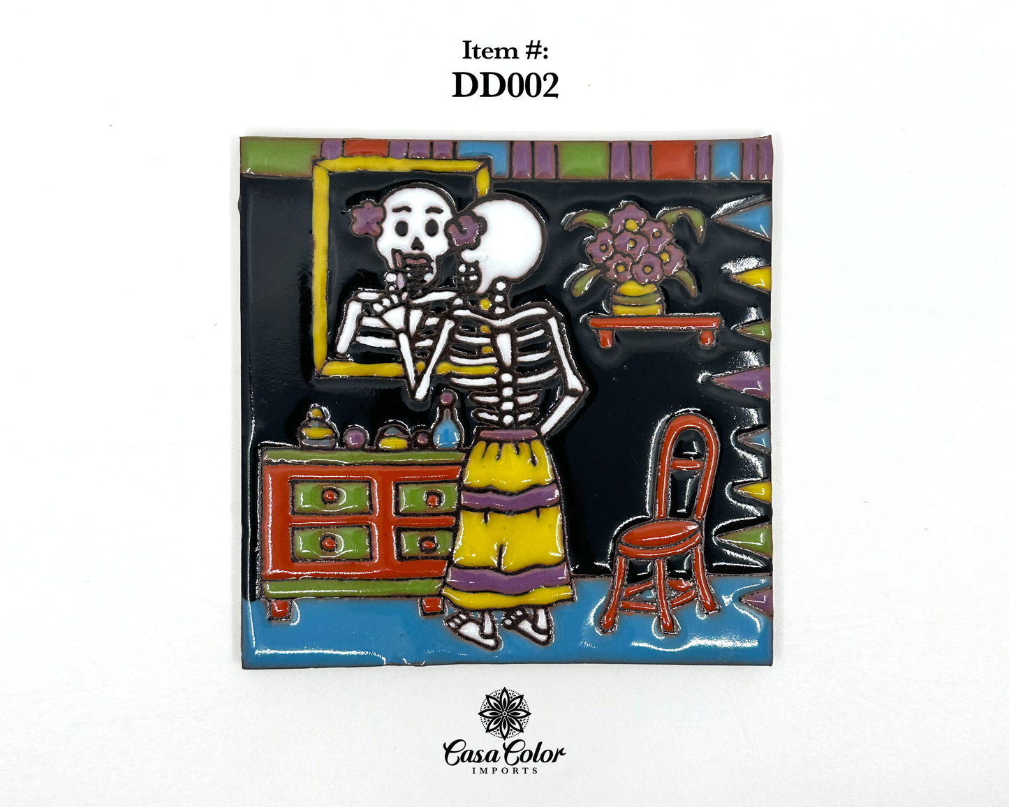 Mexican Talavera tile with Day of dead theme. This tile is 6X6 inches with glossy hand-painted relief pictures. Every tile has a day of dead theme with a skeleton. The background of this tile is black with a skeleton in front of a mirror.