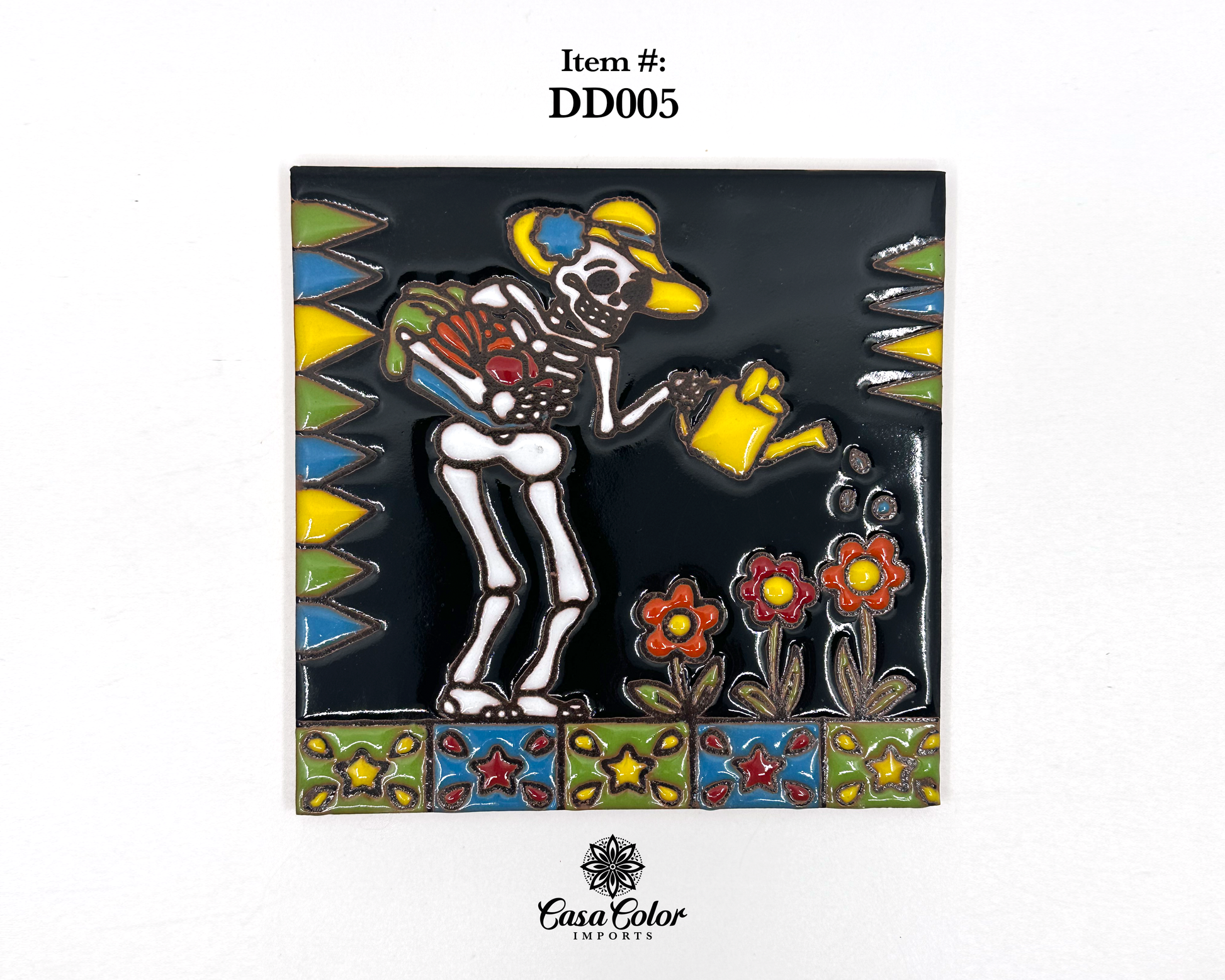 Mexican Talavera tile with Day of dead theme. This tile is 6X6 inches with glossy hand-painted relief pictures. Every tile has a day of dead theme with a skeleton. This tile represents a skeleton watering plants.