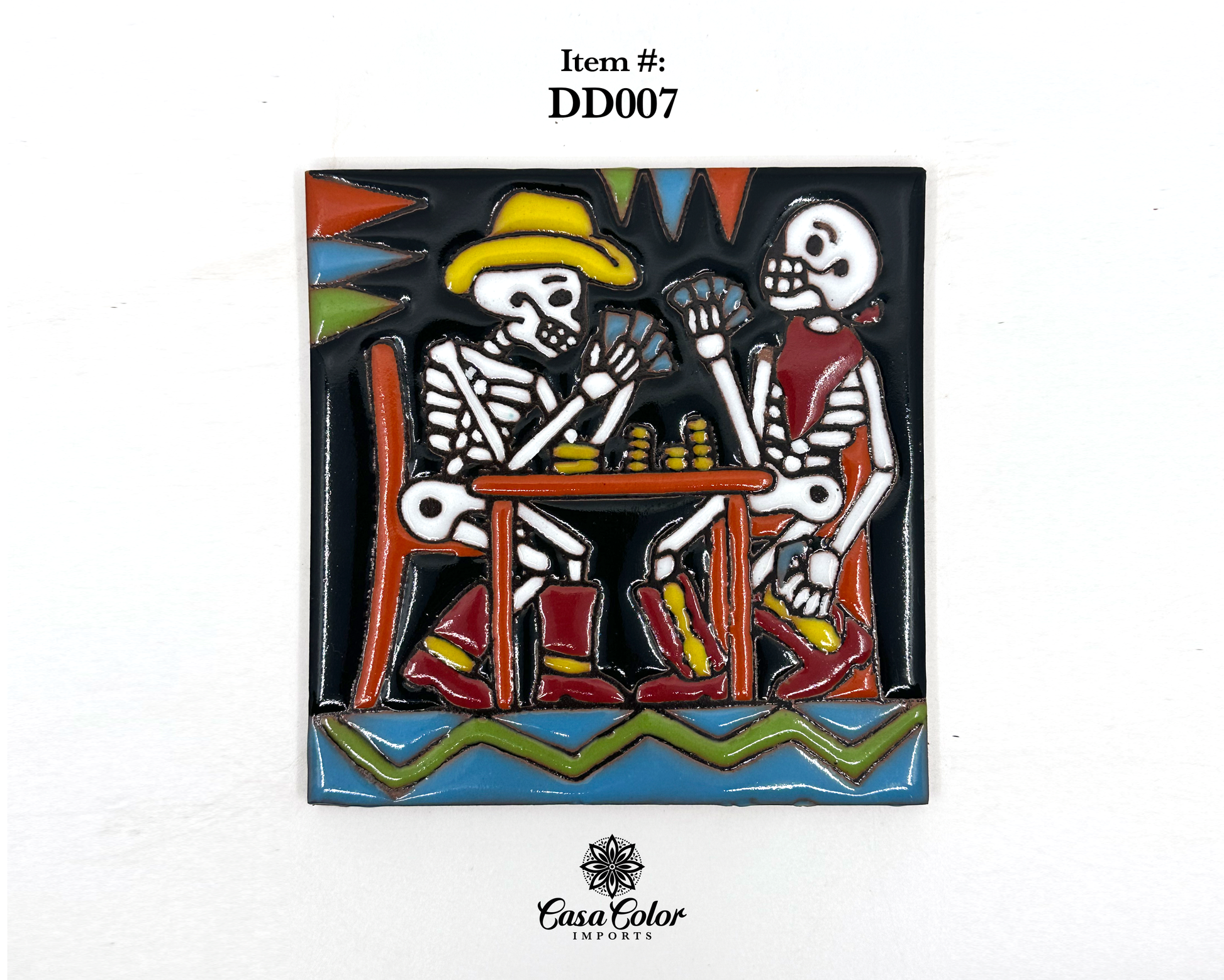 Mexican Talavera tile with Day of dead theme. This tile is 6X6 inches with glossy hand-painted relief pictures.  The background of this tile is black with two skeletons having fun playing poker in the afterlife.