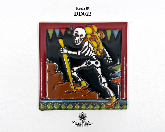 Hiker Day of the Dead ( Dia de los Muertos) Talavera tile mosaic. Size is 6x6