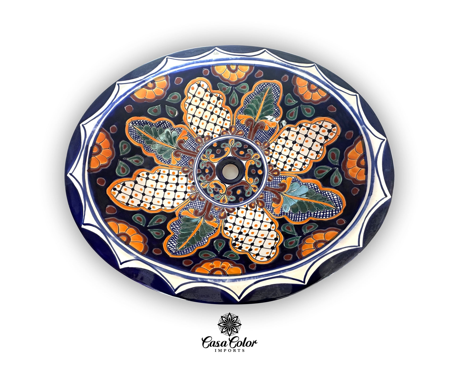 Talavera large sink, oval shape. The colors are dark blue and orange. 21"L x 17"W and 7.25" D.