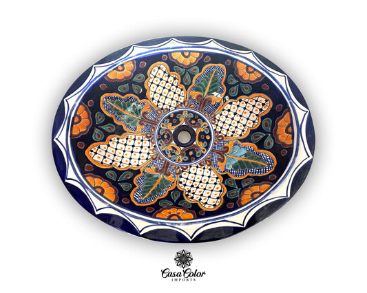 Talavera large sink, oval shape. The colors are dark blue and orange. 21"L x 17"W and 7.25" D.