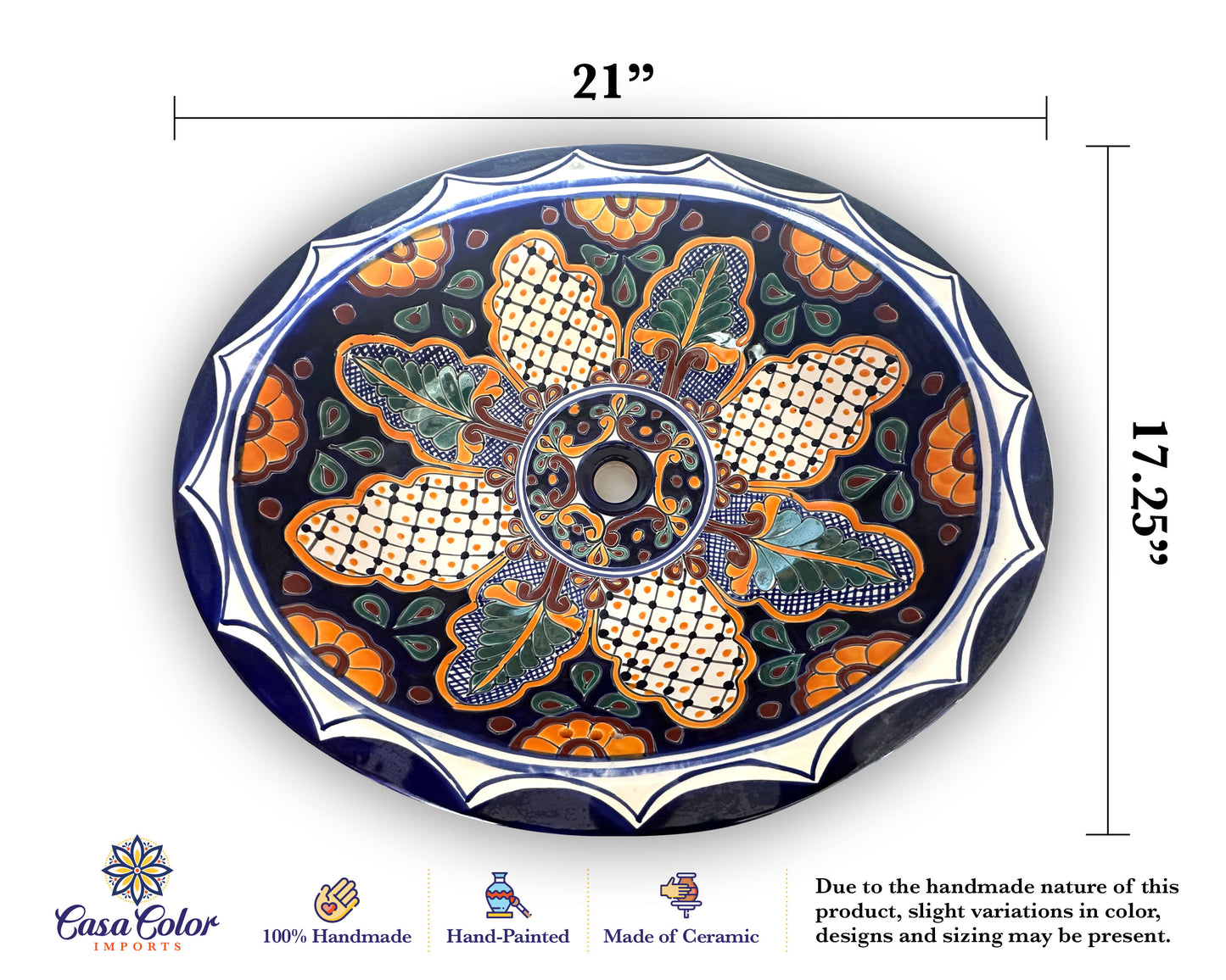 Large Oval shape Blue/Orange Talavera Mexican Drop-in Bathroom Sink Handmade 21" x 17"