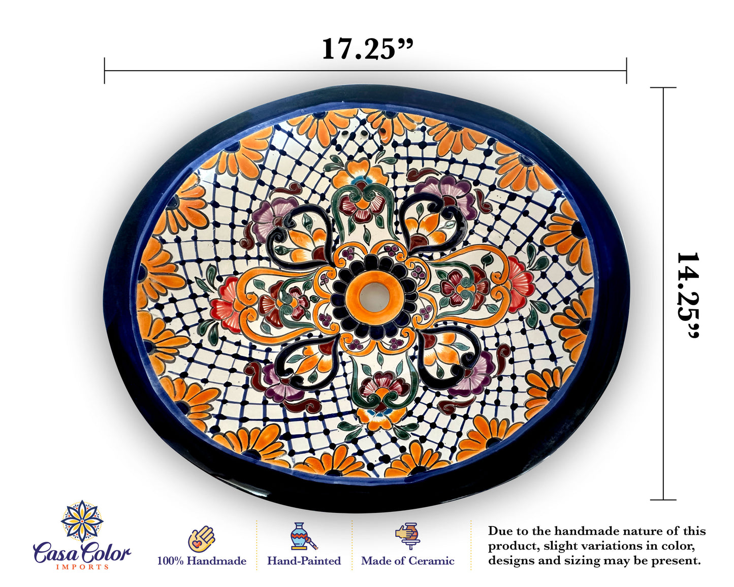 Mexican Talavera Bathroom sink. Blue/orange flower design. The size is 17.25 inches long and 14.25 inches wide. 