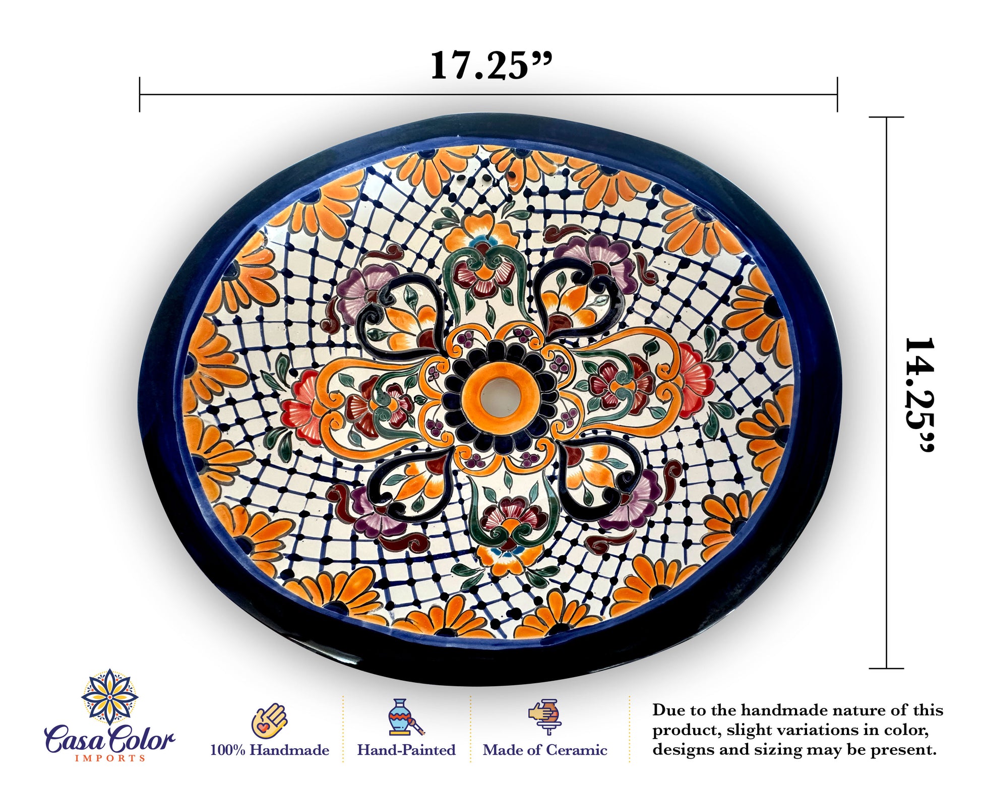 Mexican Talavera Bathroom sink. Blue/orange flower design. The size is 17.25 inches long and 14.25 inches wide. 