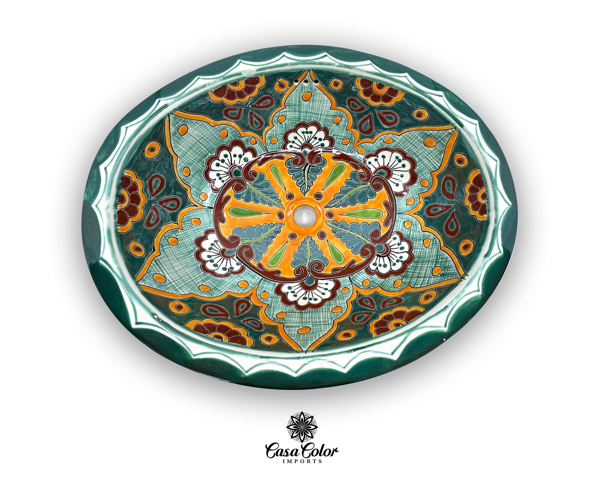 Talavera Mexican large Oval sink. The main colors are Green and Orange. The size is - 21"L x 17"W and 7.25" D.  1.5" drain hole comparable. 