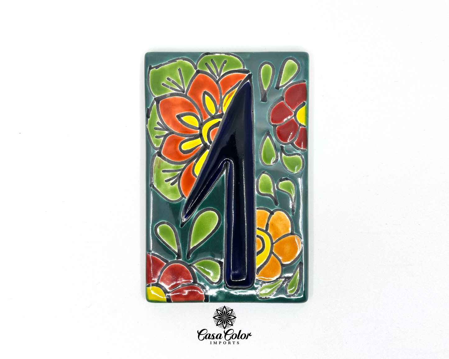 Flower Mexican Talavera House street numbers. Handmade tile with glossy relief blue numbers. FREE SHIPPING