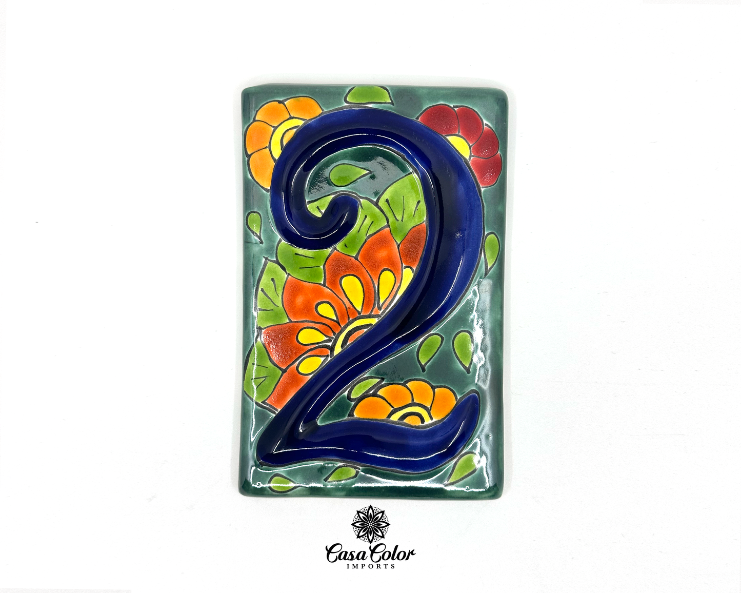 Flower Mexican Talavera House street numbers. Handmade tile with glossy relief blue numbers. FREE SHIPPING