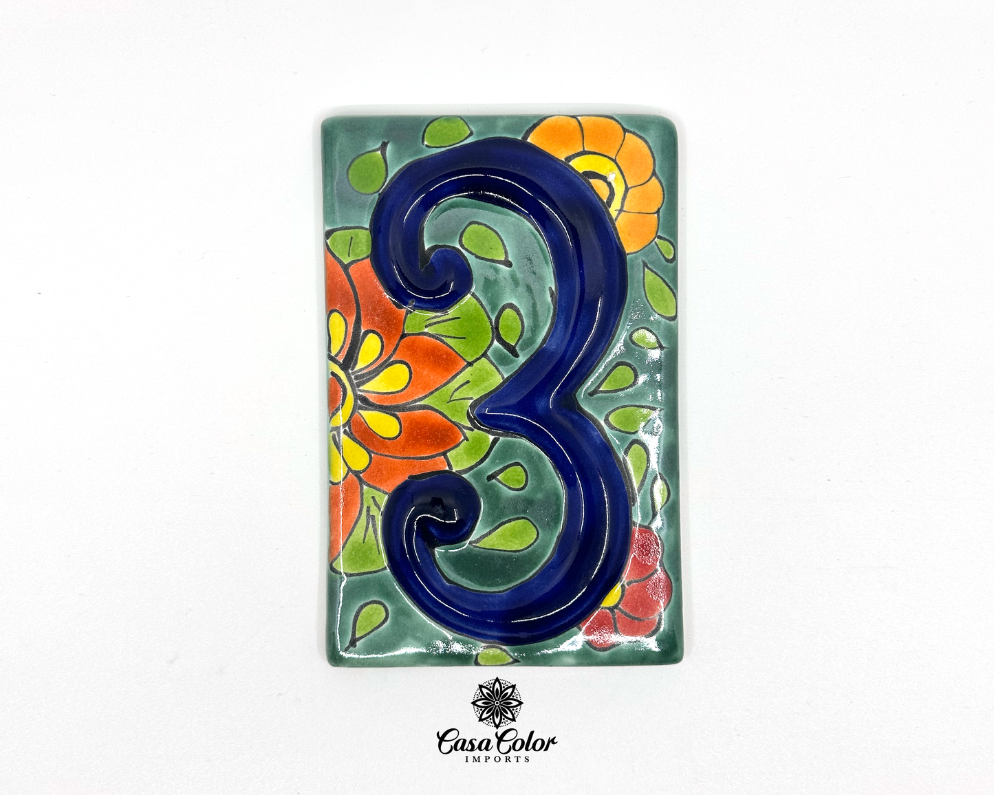 Flower Mexican Talavera House street numbers. Handmade tile with glossy relief blue numbers. FREE SHIPPING