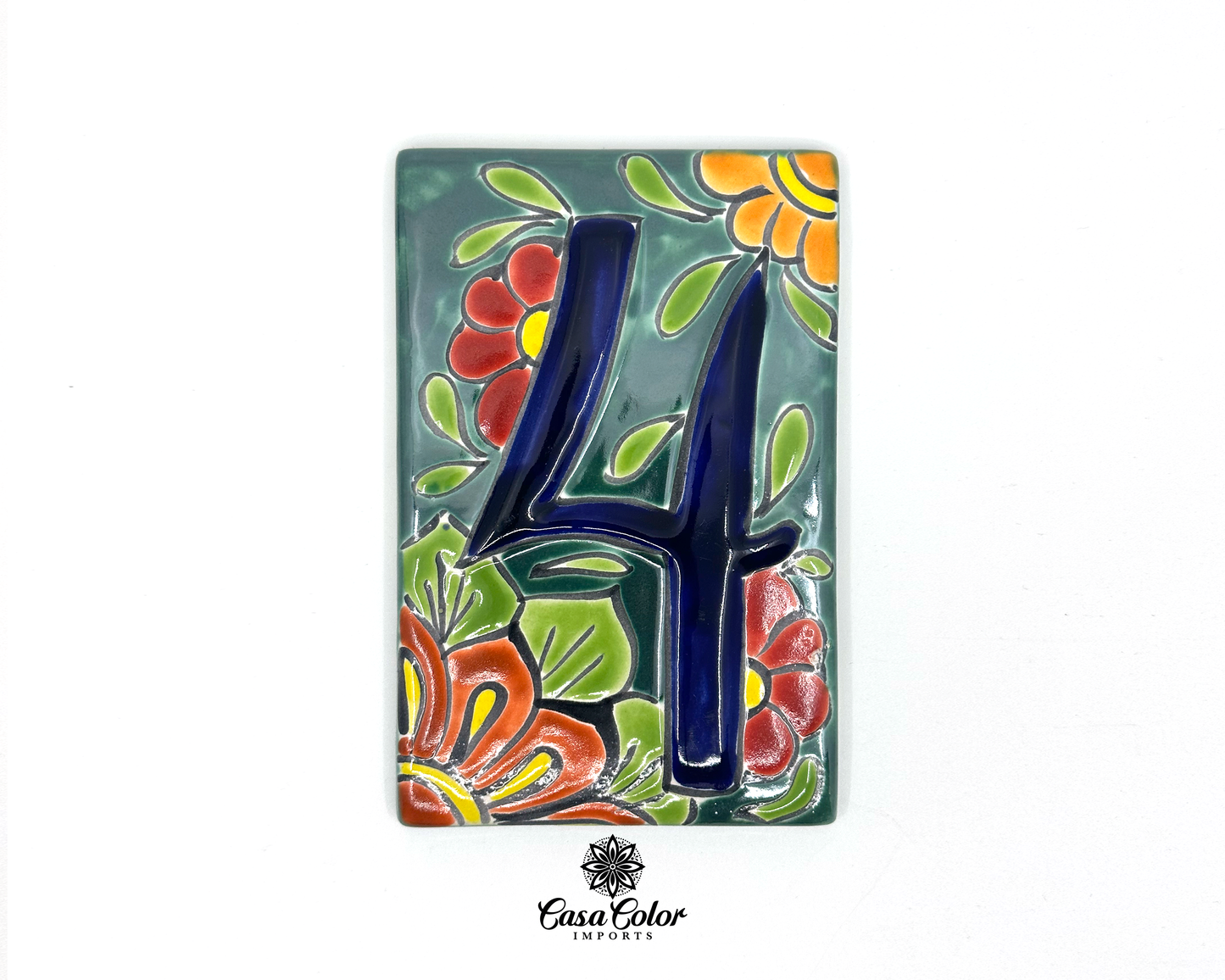 Flower Mexican Talavera House street numbers. Handmade tile with glossy relief blue numbers. FREE SHIPPING