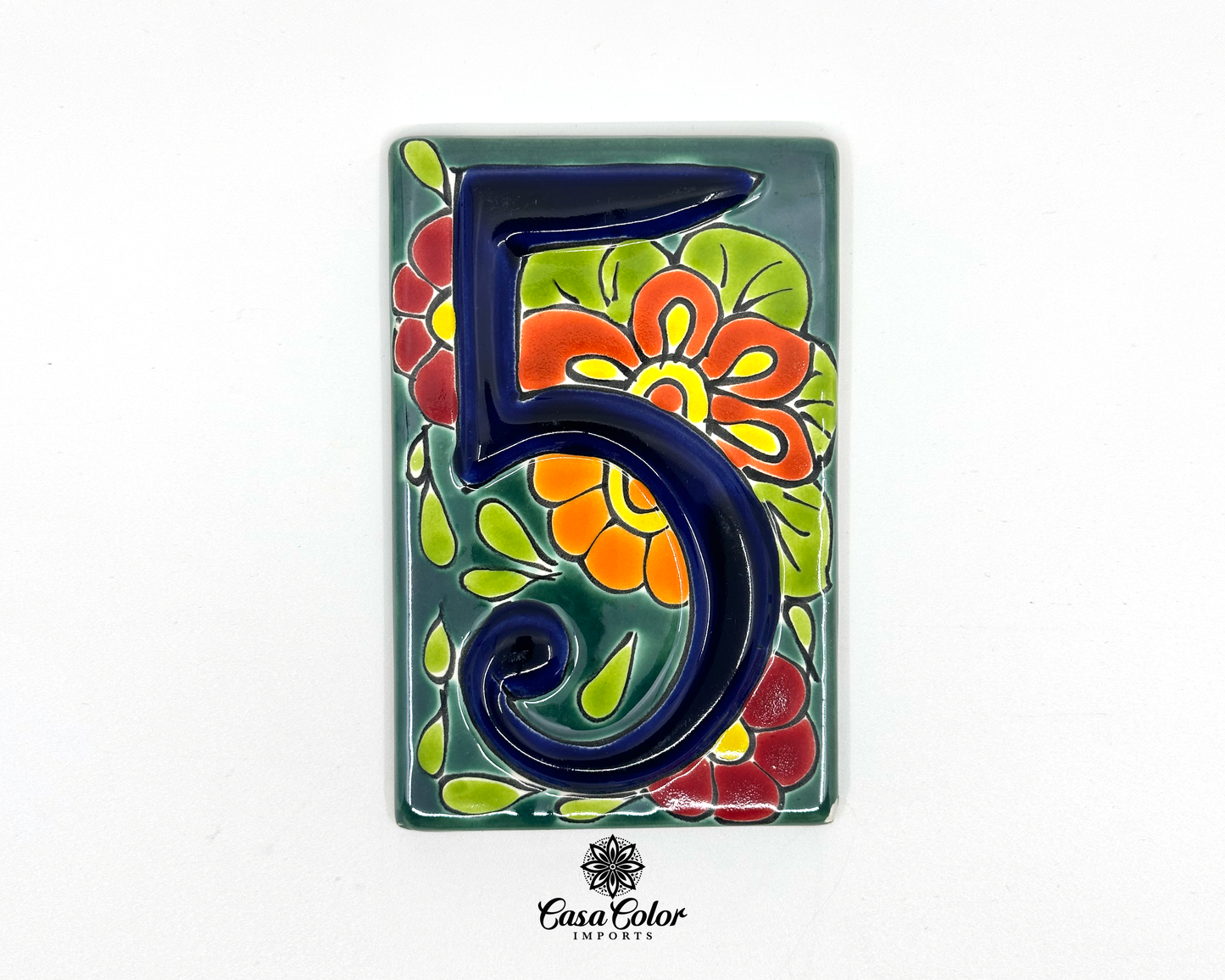 Flower Mexican Talavera House street numbers. Handmade tile with glossy relief blue numbers. FREE SHIPPING