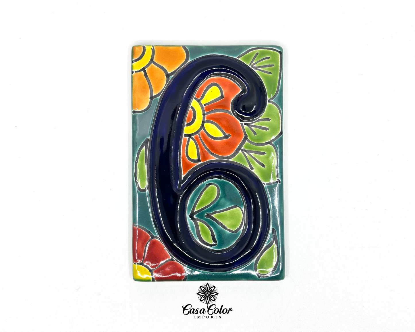 Flower Mexican Talavera House street numbers. Handmade tile with glossy relief blue numbers. FREE SHIPPING