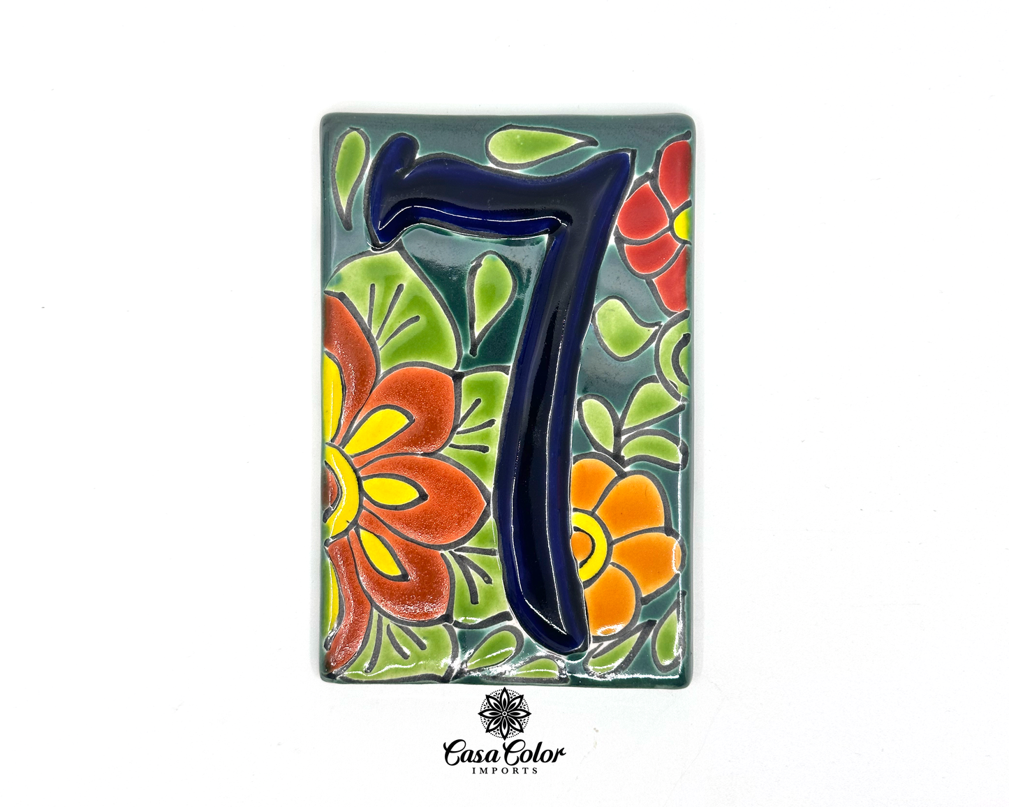 Flower Mexican Talavera House street numbers. Handmade tile with glossy relief blue numbers. FREE SHIPPING