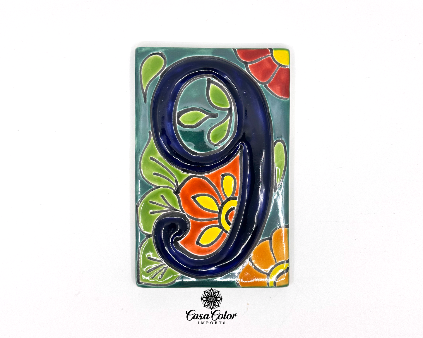 Flower Mexican Talavera House street numbers. Handmade tile with glossy relief blue numbers. FREE SHIPPING