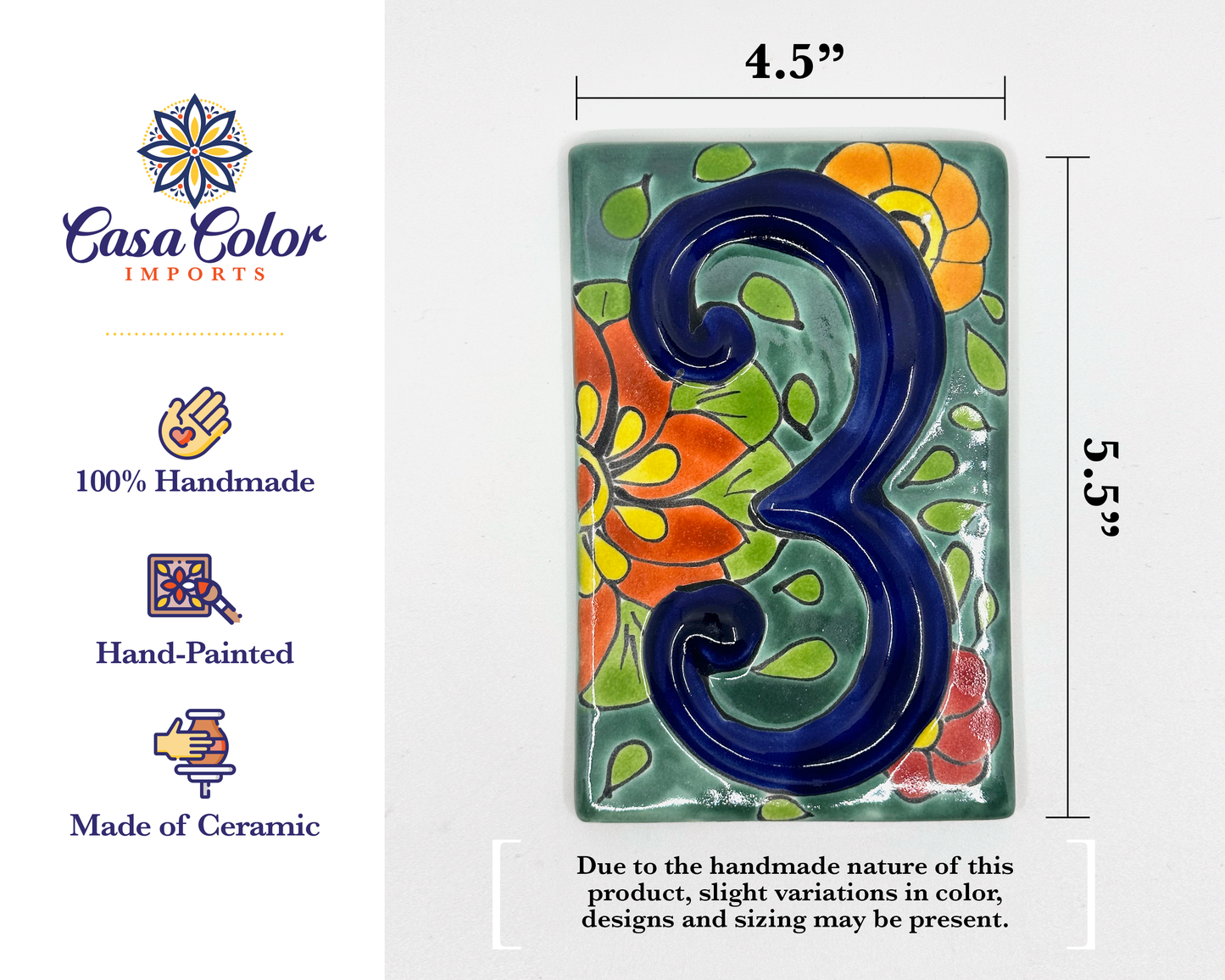 Flower Mexican Talavera House street numbers. Handmade tile with glossy relief blue numbers. FREE SHIPPING