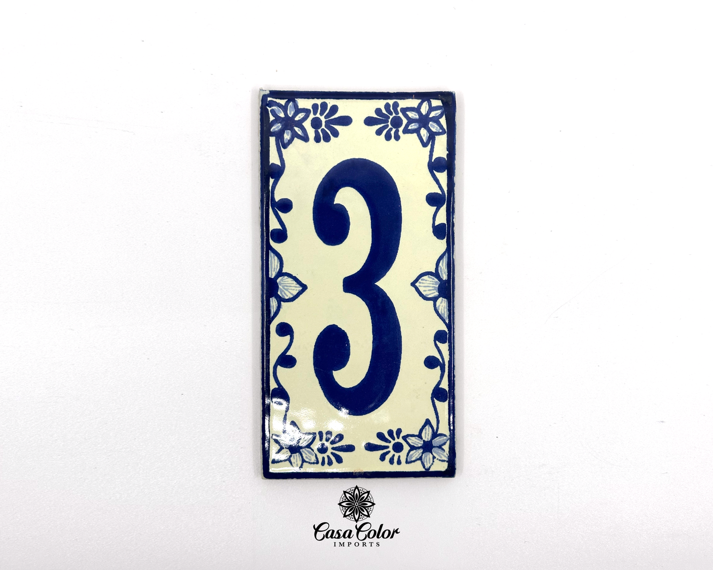 Blue Floral Frame design Mexican Colonial Talavera House Street Numbers. Handmade Tile with Glossy Blue Numbers. FREE SHIPPING