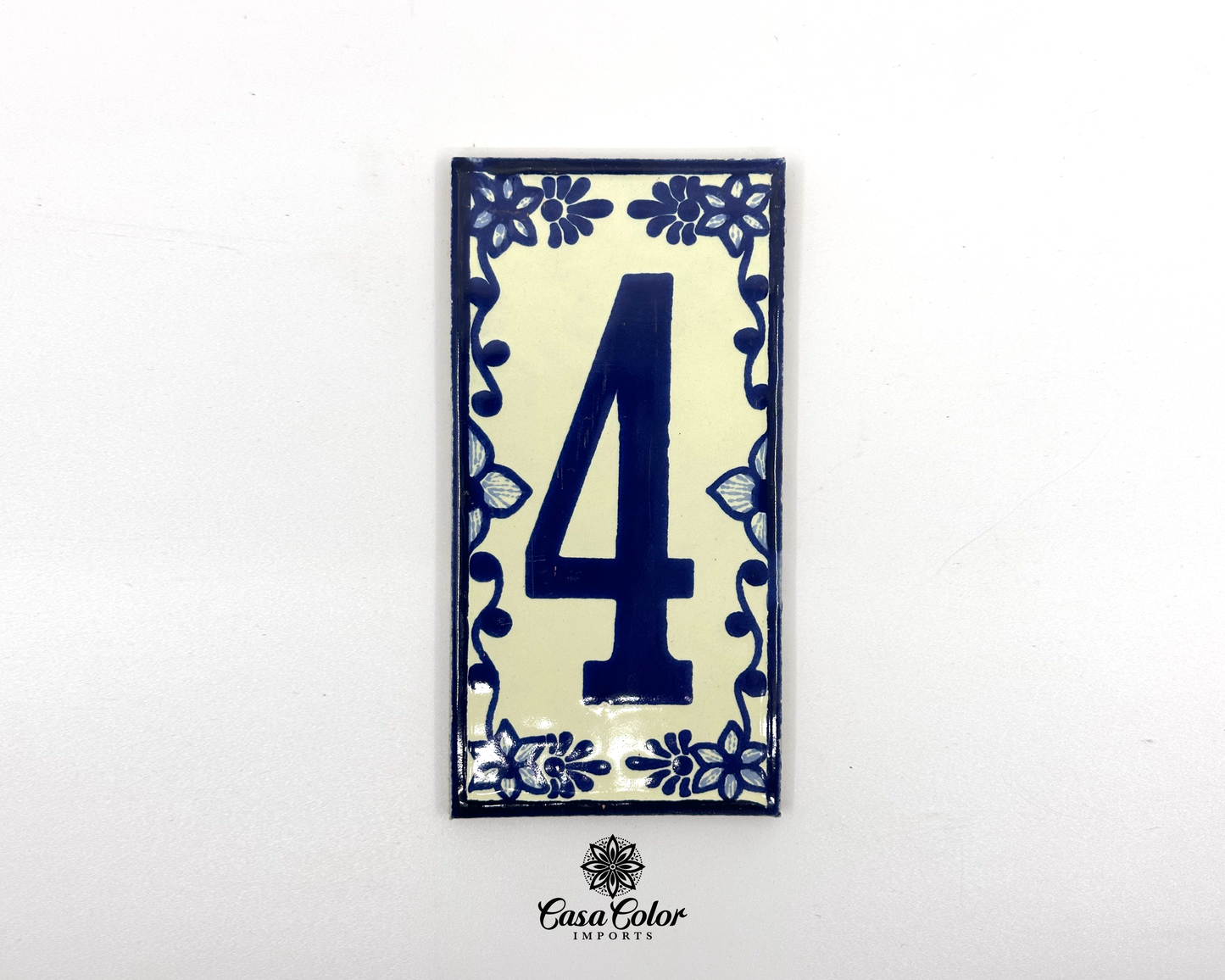 Blue Floral Frame design Mexican Colonial Talavera House Street Numbers. Handmade Tile with Glossy Blue Numbers. FREE SHIPPING