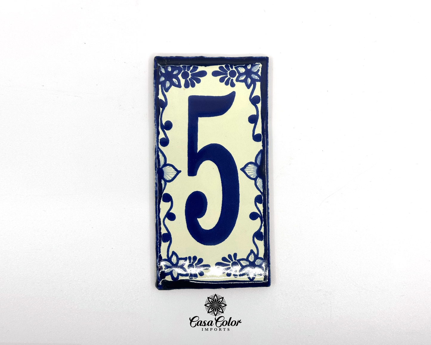 Blue Floral Frame design Mexican Colonial Talavera House Street Numbers. Handmade Tile with Glossy Blue Numbers. FREE SHIPPING