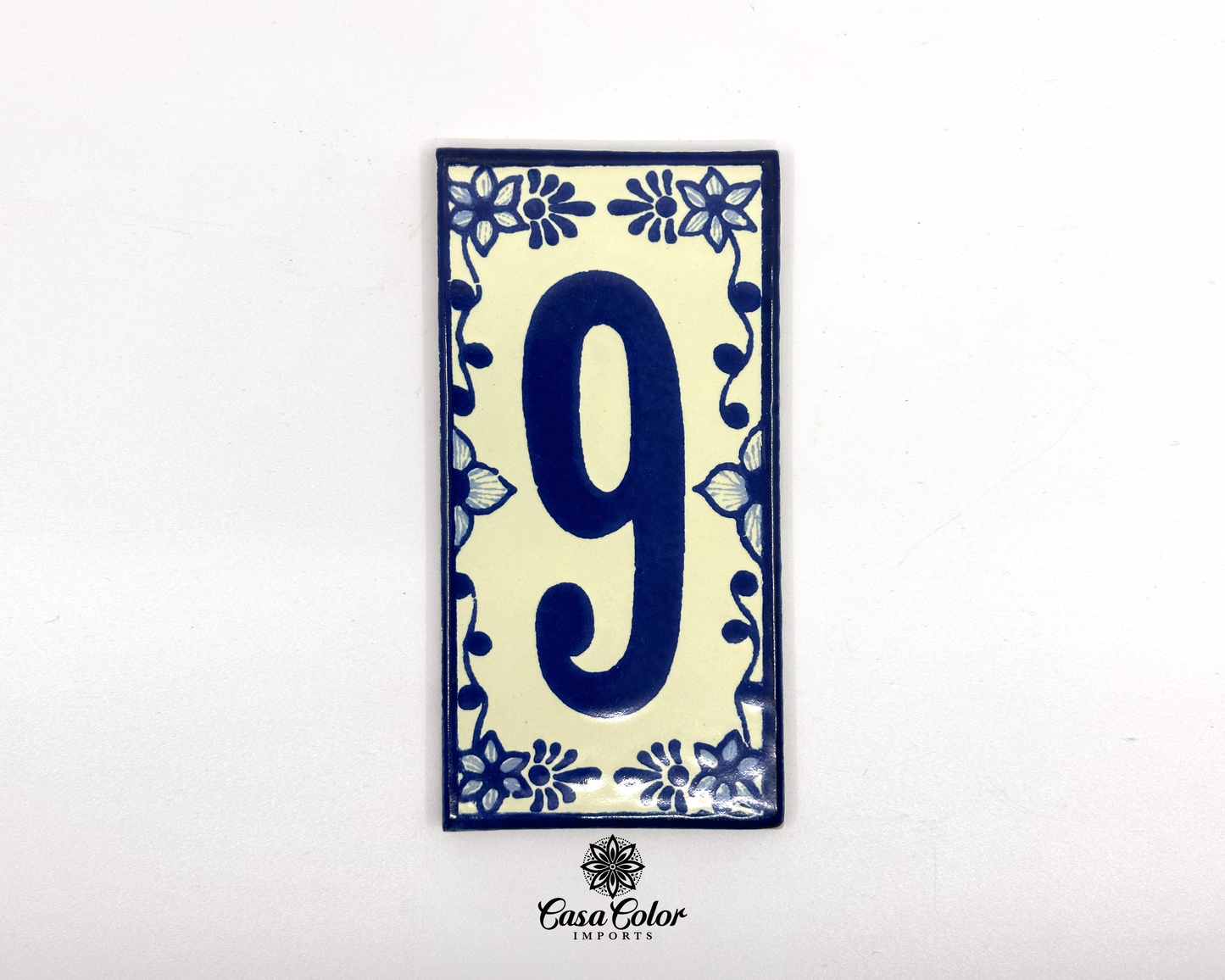 Blue Floral Frame design Mexican Colonial Talavera House Street Numbers. Handmade Tile with Glossy Blue Numbers. FREE SHIPPING