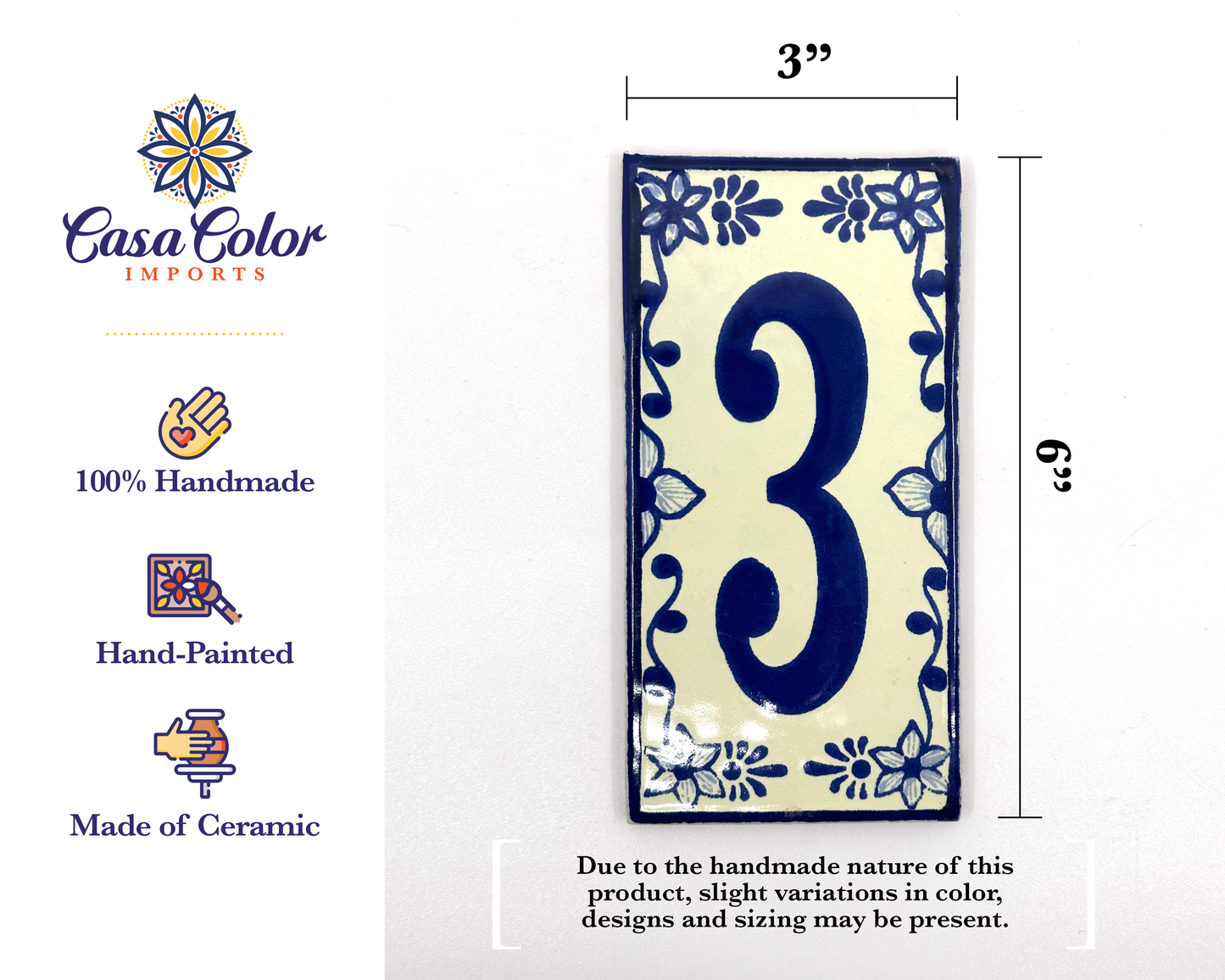 Blue Floral Frame design Mexican Colonial Talavera House Street Numbers. Handmade Tile with Glossy Blue Numbers. FREE SHIPPING