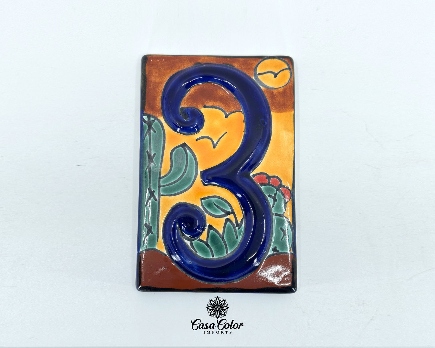 Desert Cactus style Mexican Talavera house street numbers. Handmade tile Free shipping