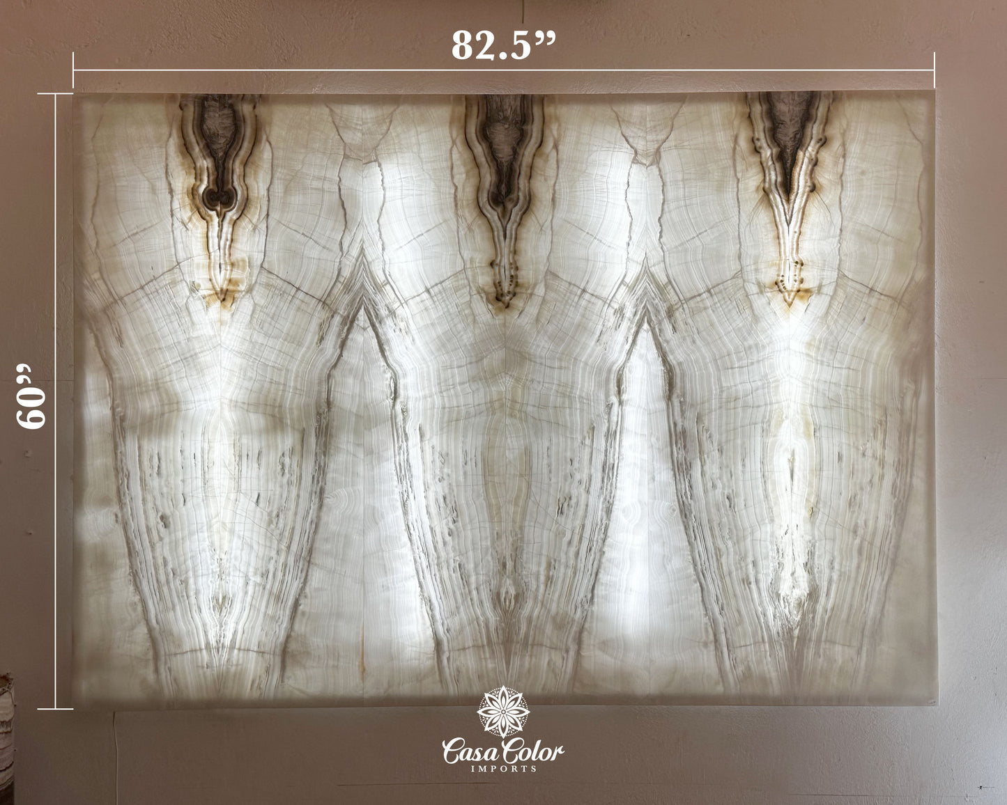 Stunning Hand-Cut Nacar Onyx Wall Panel with Black/Brown Beta. Backlit Wall Panel