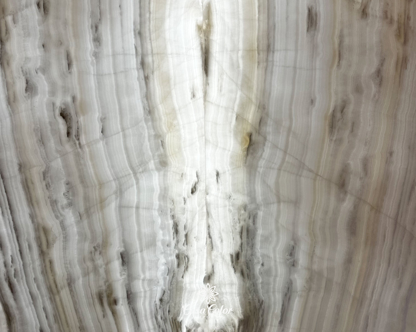 Stunning Hand-Cut Nacar Onyx Wall Panel with Black/Brown Beta. Backlit Wall Panel