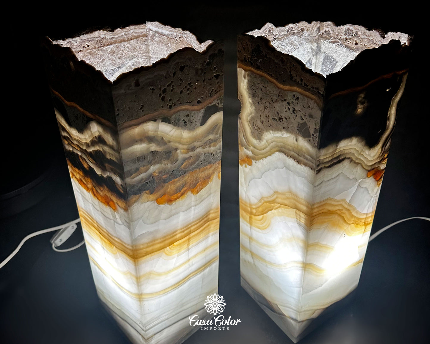 Set of 2 Handmade Caramel and Brown Onyx Lamp. 20" High.