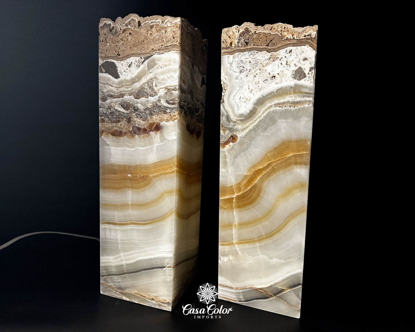 Set of 2 Handmade Caramel and Brown Onyx Lamp. 20" High.