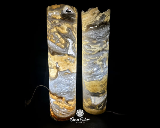 Set of 2 White and Yellow Cloud Onyx Lamps. 24" Height. Crystal Lamps.