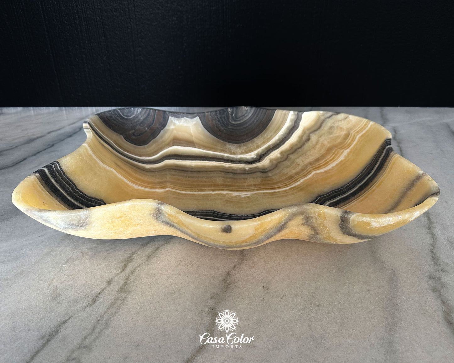 Extra Large Onyx Hand-Carved Beige Decorative Bowl, Centerpiece Bowl for Dining Room Table.