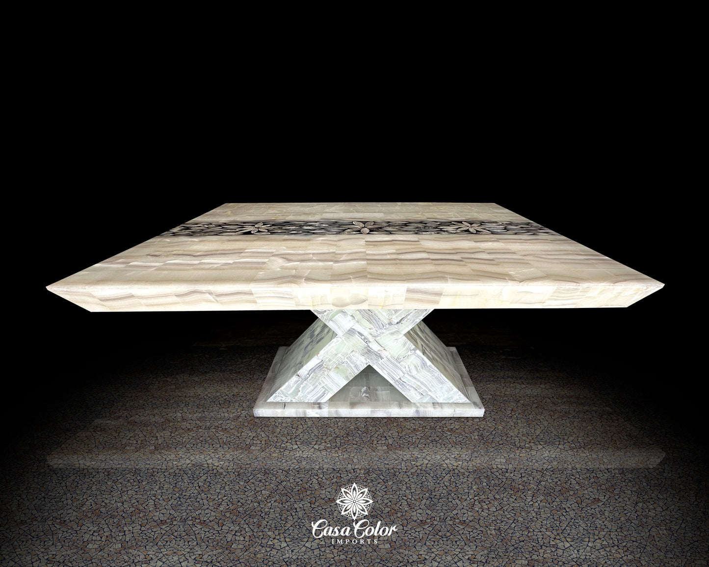 Luxury handmade Onyx backlit translucent white dining table. Seats 8.