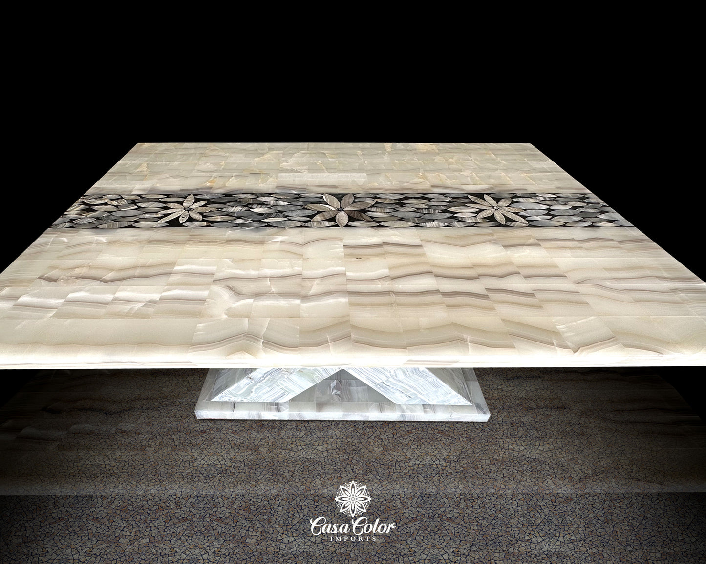 Luxury handmade Onyx backlit translucent white dining table. Seats 8.