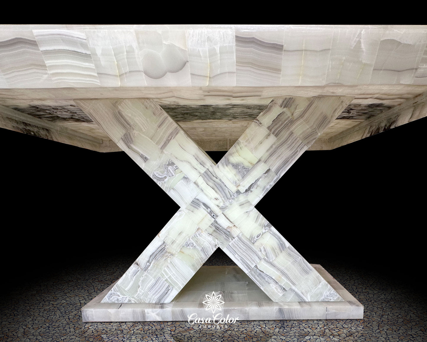 Luxury handmade Onyx backlit translucent white dining table. Seats 8.