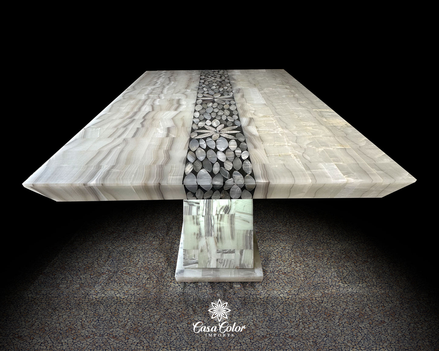 Luxury handmade Onyx backlit translucent white dining table. Seats 8.